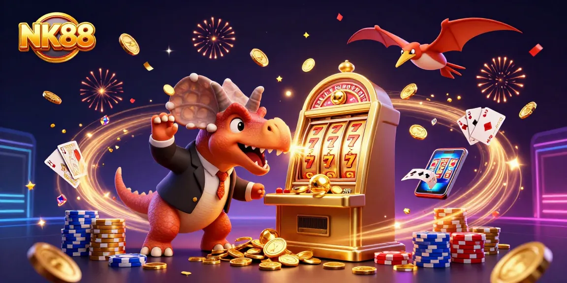 NK88 players hit the jackpot with coins cascading from a golden slot machine, illustrating excitement.