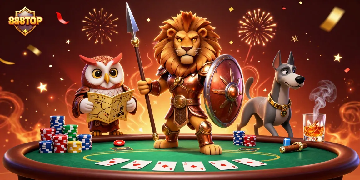 Engage in intense poker gameplay at 888TOP with vibrant characters and casino elements.
