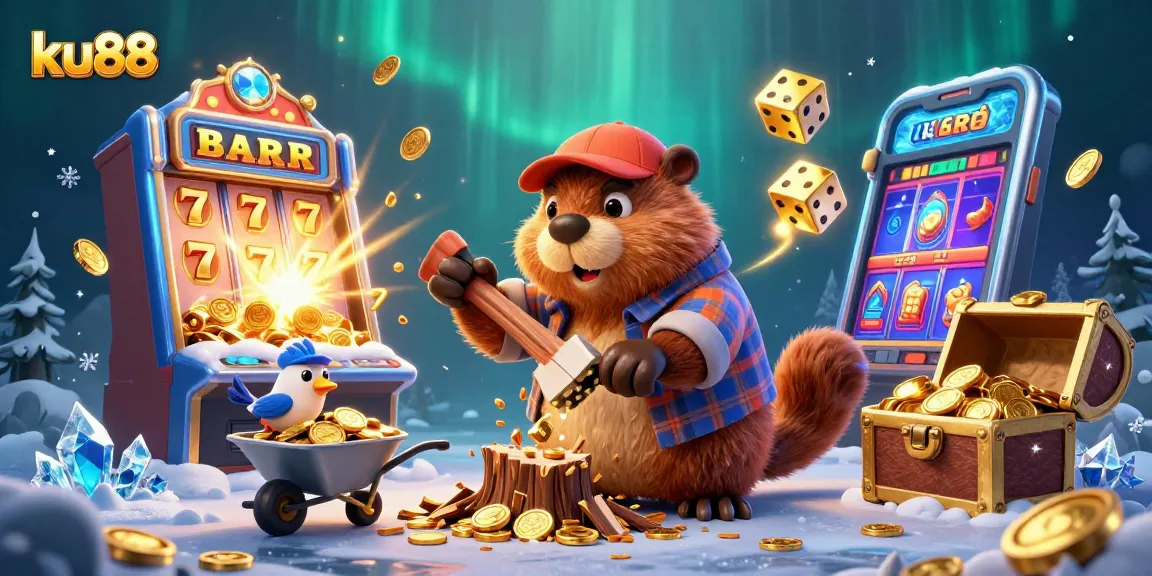 ku88 features a vibrant 3D scene with a beaver amidst a jackpot celebration of coins and game elements.