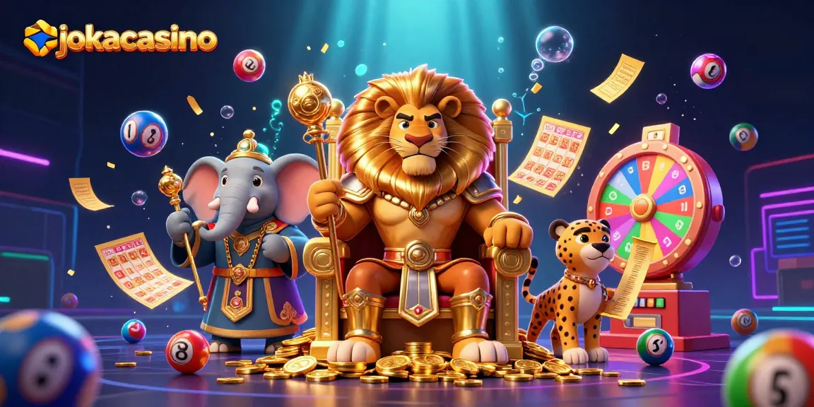 Engage with jokacasino's vibrant gaming world featuring a lion king and dynamic lottery elements.