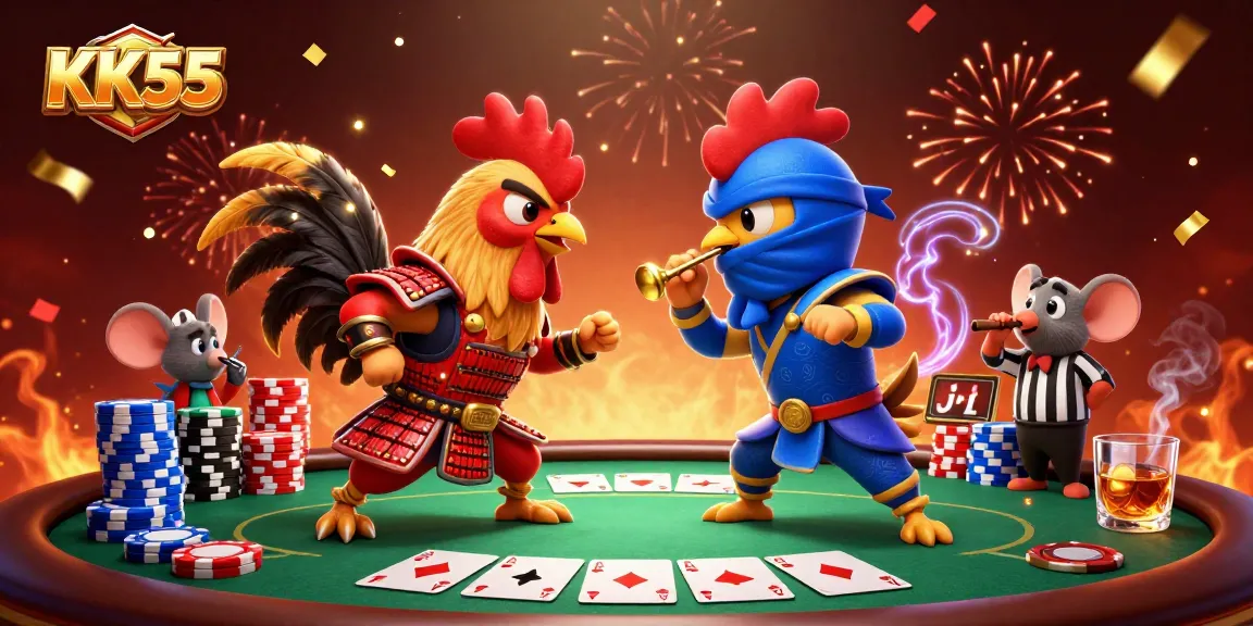 Engage with thrilling games at KK55, featuring exciting roosters in a vibrant casino showdown.