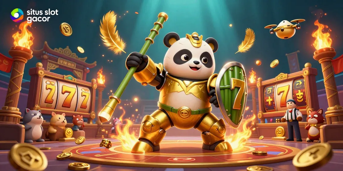 Engage with situs slot gacor in a vibrant casino scene featuring a mech-suit panda amidst golden reels.