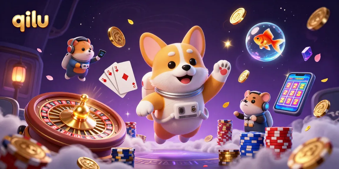 qilu action scene with a floating astronaut corgi and dynamic casino elements